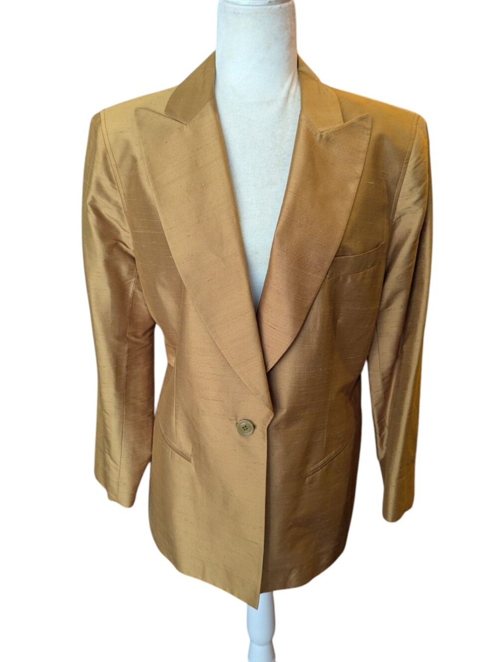 Vtg Emanuel Ungaro Designer Dupoini Silk Gold Single-Button Long Button Blazer